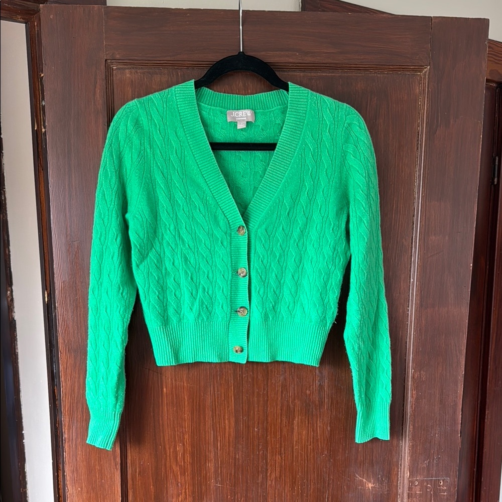 J-Crew Green Cable Knit cashmere Cardigan Sweater